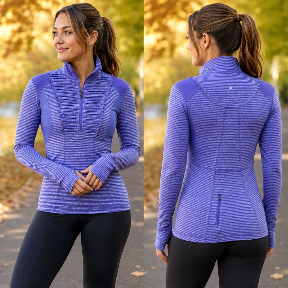 Lululemon Run Your Heart Out Pullover 6 Persian Purple Stripe 1/2 Zip Thumbholes